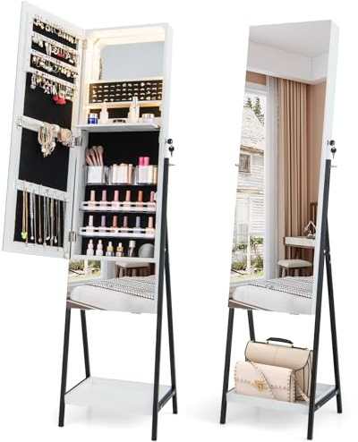 COSTWAY Armoire à Bijoux avec Miroir et Tiroir sur Pieds, Miroir Psyché HD sans Cadre, Verrouillable, Lumières LED 3 Couleurs, Étagère de Rangement (Blanc)