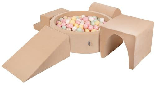 KiddyMoon Spielplatz Velvet Aus Schaumstoff Mit Samt Rund Bällebad (300 Bälle) Ballgruben Für Babys Spielbad Hindernisläufen, Sandbeige:Pastellbeige/Pastellgelb/Weiß/Minze/Puderrosa