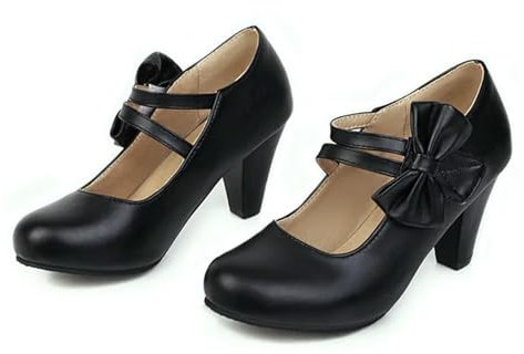 Escarpins à talon rond rose avec sangles de cheville nœud papillon - Chaussures élégantes Lolita en cuir synthétique pour femme - Chaussures de danse et de travail, Noir , 42 EU