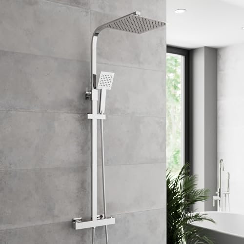 BAYSTONE Chrome Bathroom Thermostatic Shower Mixer Square Exposed Valve Rainfall Head & Handset