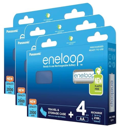 Eneloop Lot de 3 x 4 Piles Rechargeables Ni-MH Mignon AA 2000mAh + Boite de Rangement