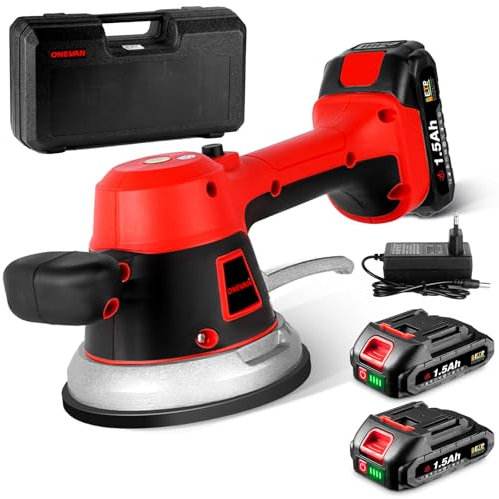 ONEVAN Fliesen Rüttler Akku 200kg, Elektrische Fliesen Vibrationsgerät 145mm Saugnapf 6 Gang Fliesenrüttler Fliesenvibrationsmaschine mit 2 1500mAh Akkus, für 150 x 150 cm Fliesen