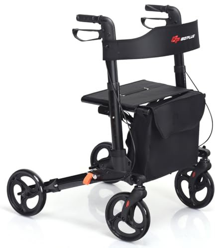 GOPLUS Rollator faltbar, höhenverstellbare Gehhilfe inkl. Griffe & Sitz mit Rückenlehne, Laufhilfe mit PVC-Rädern, Tasche & Schirmhalter, Gehwagen leicht aus Alu bis 136kg belastbar für Senioren