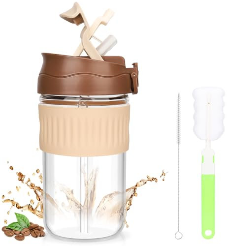 Musiwanna Bouteille en verre avec paille et couvercle, 550 ml, gobelet à café à emporter avec paille, anti-fuite, avec 2 brosses de nettoyage, pour café glacé, thé, smoothie (marron, 1 pièce)
