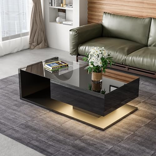 Mesa de centro, de alto brillo, mesas auxiliares, mesas de centro con cristal y efecto LED, construcción estable (105 x 55 x 32,5 cm) (negro)