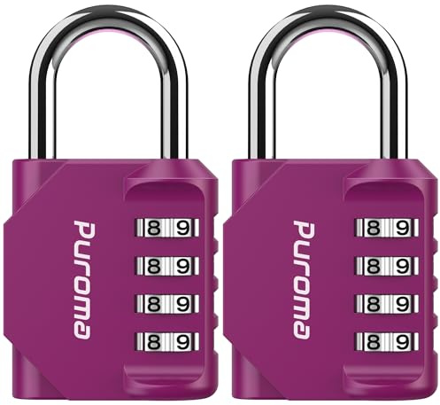 Puroma 2 Pack Combination Lock Locker 4 Digits Combo Padlock Gym Red-Violet | For School Gate Fence Toolbox Hasp Storage, Outdoor, Resettable, Weatherproof, Side Window, Crack Cut Resist, Hardened Steel