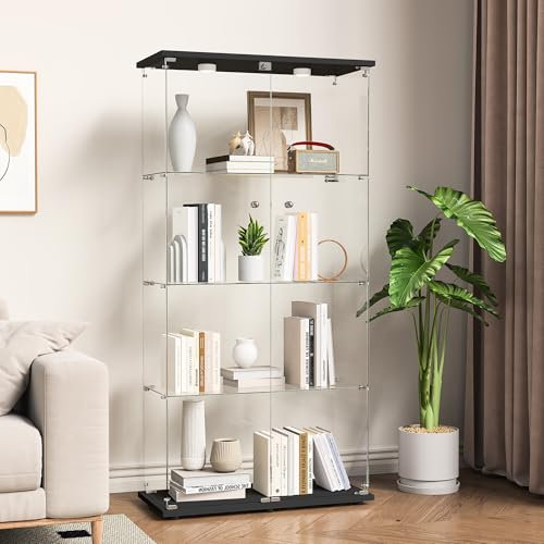 BPKADHY Vitrina de Cristal,164x80.5x36.5cm,Vitrina Expositora para Colecciones con 4 Estantes de LED 2 Puerta con Cerradura,Gabinetes de Vidrio para Salón Dormitorio,Pasillo,Vitrina Cristal,Negro