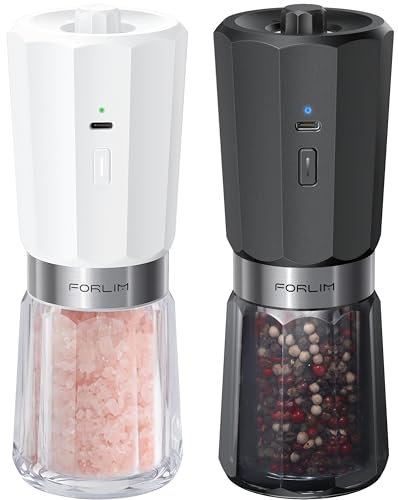 FORLIM 2-Speed Gravity Electric Salt and Pepper Grinder Set, 800mAh Rechargeable, Upgraded Auto-Reverse Clean After Stop, Pepper Mill with White LED, Ceramic Grinding Core, Black & White