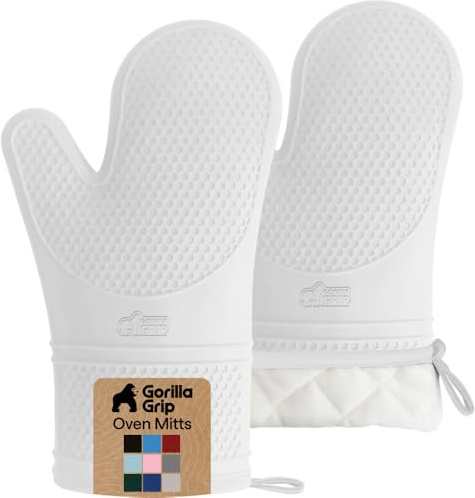 GORILLA GRIP BPA-freie, weiche Silikon-Ofenhandschuhe, hitzebeständig und wasserdicht, dickes Baumwollfutter, flexibles Greifen zum Backen, Grillen, Topflappen für die Küche, 2er-Set, 12,5 x 8,3, Weiß