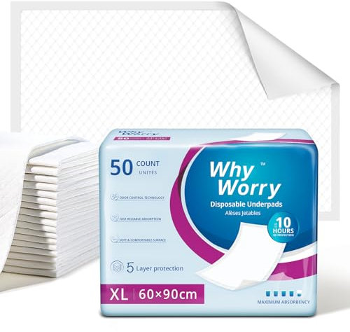 WhyWorry Alèses Jetables 60x90 cm Imperméables, Matelas de Lit Protections pour Adultes Incontinence et Fuites Urinaires, Tapis Absorbant Educateur Chien Animaux, Contrôle des Odeurs, 50 Unités