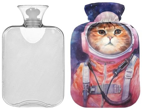 Cute Cat in Astronaut Costume Hot Water Bottle with Velvet Cover, 1L Hot Water Bag for Hot and Cold Compress, Hand Feet Warmer, Ideal for Menstrual Cramps Neck and Shoulder Pain Relief
