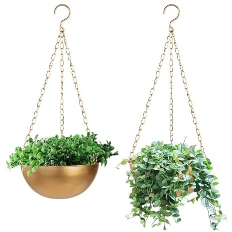 Kissmii Maceta colgante grande dorada con drenaje, soporte semicircular para plantas de interior, piscina de techo ligera