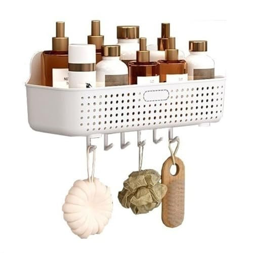 Mensola da Doccia Portaoggetti da doccia in plastica, organizer for doccia a parete con 6 ganci, cestello portaoggetti for doccia senza foratura for bagno, cucina, lavanderia, balcone Mensole per Docc