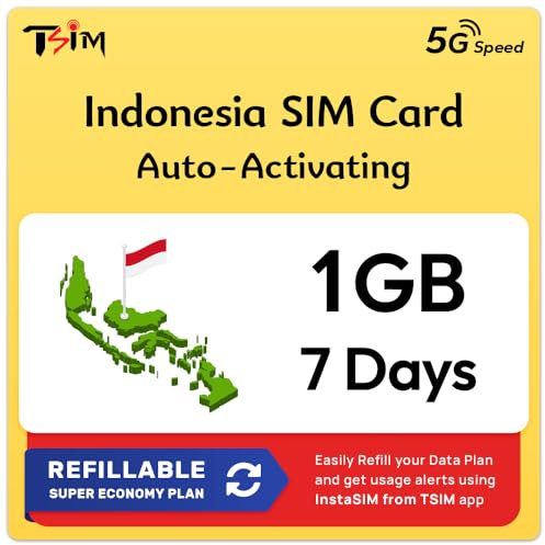 Bali Indonesien SIM-Karte | 1GB Super Economy Nachlade-Tarif! Automatische Aktivierung, 7 Tage Gültigkeit | 5G-Geschwindigkeit + Hotspot | Nur Daten, Keine Telefonnummer