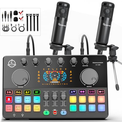 Podcast Equipment Bundle for 2, Audio Interface DJ Mixer with 3.5mm Condenser Microphone for PC, Smartphone, Voice change,RGB for Recording, Streaming, Podcasting, Gaming, COMMANDER M100 3rd
