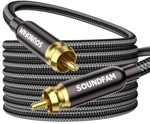 SOUNDFAM RCA Subwoofer-Kabel 5M, RCA-Kabel männlich-männlich [vergoldete Stecker, Baumwollgeflecht] für Subwoofer, Heimkino, Verstärker, TV, Mixer (Schwarz)