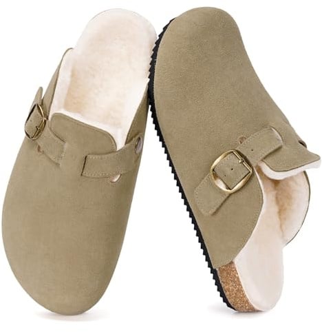 Dokela Sabots Cuir Femmes Homme Chaussons Chauds d'hiver, Beige, 43