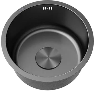 Lavadero 1 Seno Inox,Fregadero Cocina Redondo,Pileta de Cocinas Negro,Pila de Cocina PequeñO con Drenaje,Formas de Instalar Sobre Encimera/Bajo Encimera (Ø 45cm)