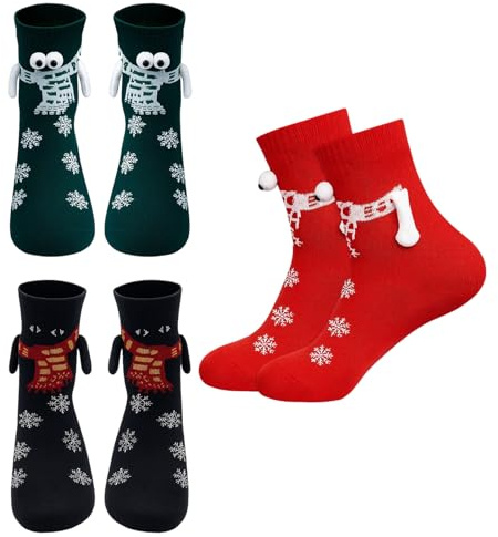 CJAPGJW 3 Paar Weihnachtssocken Mit Magnetischen Händen, Weihnachtssocken Kuschelig, Lustige Socken Mit Magnetischen Händen, Festliche Dekoration Für Weihnachten (Rot Schwarz Grün)