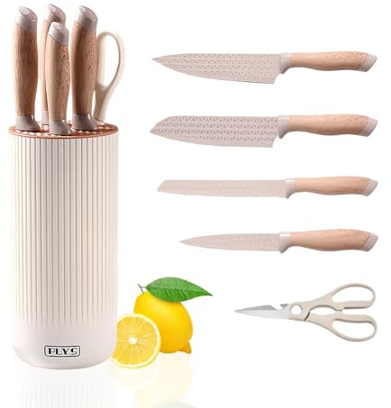 Justup Messerset, Küchenmesser Set Profi Messerset mit Block, 6-tlg Messerblock mit Messer, Edelstahl Küchenmesser Scharfe Set, Kochmesser Set (Khaki)