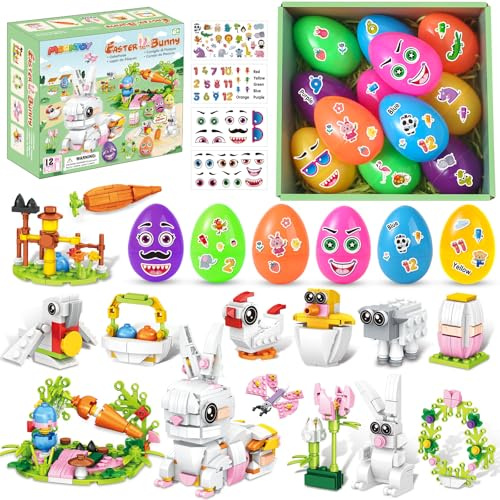 MOONTOY 12 Eier mit Bausteinset, Mitgebsel Kindergeburtstag Gastgeschenke | 4 Stickern, Bausteine Konstruktionsspielzeug, DIY Geburtstag Party Geschenke 3+ Jungen und Mädchen, inkl. Hase Schaf