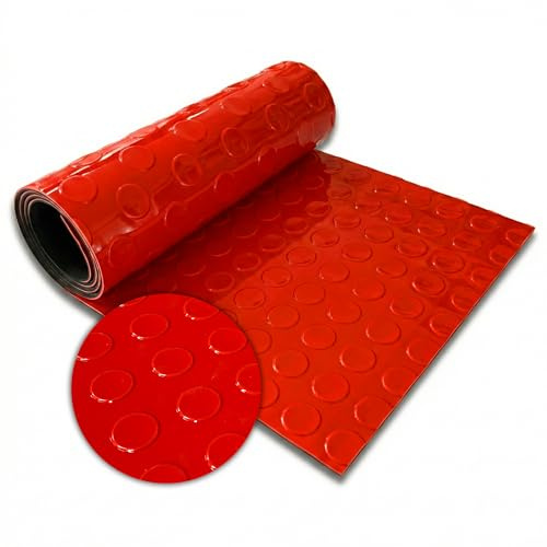 Floordirekt PVC-Bodenbelag – Noppen Anti-Rutsch Industrieboden in Coin-Optik – Pflegeleicht & Belastbar – Rollenware mit Zuschnitt - Coin Mirror Rot - 110x400 cm