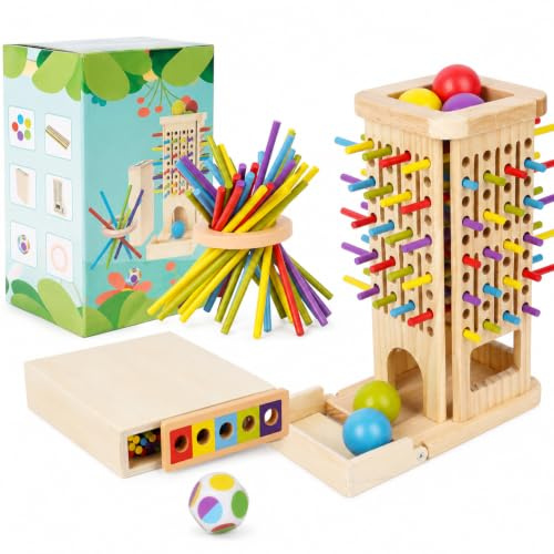 TTOPBAO 3-in-1 Montessori Spielzeug ab 3 Jahre, Holz Brettspiel mit Stäben | 40 Holzstäbe, Holzbox, Kugelfall, Balance und Sortieren fördern Feinmotorik, Logik und Konzentration bei Reise und Familie