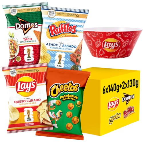 Pack Variado, 8 Bolsas DORITOS Taco, RUFFLES Asado, LAY’S Queso Curado y CHEETOS Pelotazos, 4 Packs de 2 Bolsas Individuales para Aperitivo, Incluye Bowl de Regalo