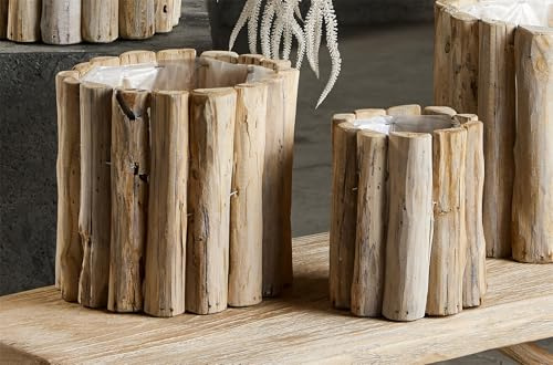 Alexandra House Living Macetero Redondo Madera 24D. S/2 25Dx22 Cms, Madera de Castaño, Natural