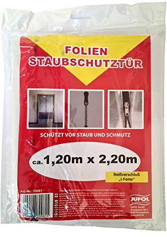 JUFOL Folien-Staubschutztür 2,20 x 1,20m (Reißverschluß I-Form, beidseitig schließbar, transparent, aus LDPE, einfache Montage, Staubschutz) 70081
