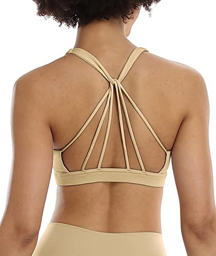 icyzone Damen Yoga Sport-BH mit Gepolstert - Atmungsaktiv Ohne Bügel Sports Bra, Stappy Fitness Gym BH (S, Khaki)