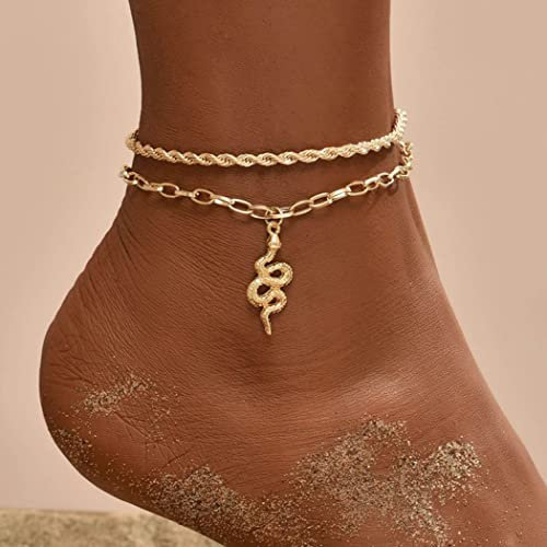 Zoestar Bracelet de cheville bohème double avec pendentif serpent doré torsadé pour femme et fille