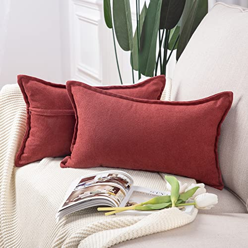 Madizz 2er Set kurzen Chenille Zierkissenbezüge weicher dekorativer Kissenbezug für Sofa, Schlafzimmer Kissenhülle Burgund 40x80 cm Rechteckig