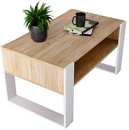Couchtisch KARO 92 rechteckiger Kaffeetisch aus Holz Modern Teetisch 92 x 53,6 x 45cm massiv und stabil (Bardolino Eiche/Weiss)