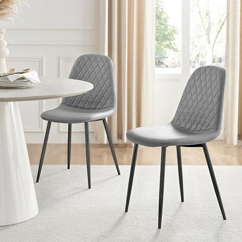 Furniturebox UK Corona Dining Chairs Set of 2 Contemporary & Luxurious Diamond Stitched Dining Seats - Soft & Comfortable - Elephant Grey Faux Leather & Powder Coated Black Metal Legs (Set of 2)