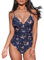 CUPSHE Damen Badeanzug V Ausschnitt Bauchweg Raffungen Triangelkörbchen Blumenmuster Einteilige Bademode Swimsuit Marineblau mit Blumenmuster XL