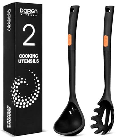 Silicone Pasta Fork and Ladle Spoon Set, Large Non Stick Kitchen Utensils for Cooking,Stirring,One Piece Serving Spaghetti, Soup, Sauce (BLACK)