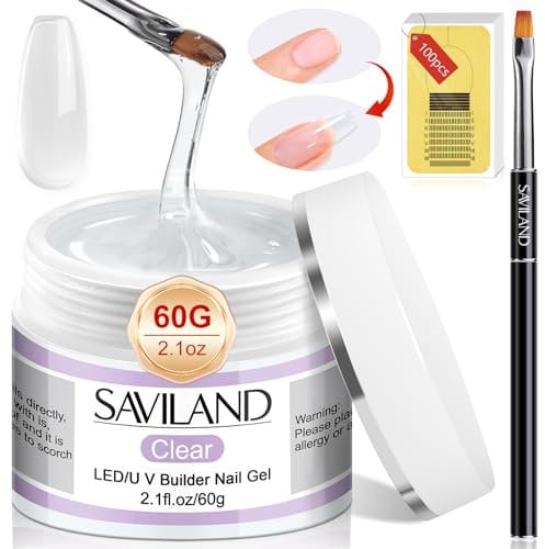 Saviland 60g Builder Gel Kit - Clear Extension Gel Set for Nail Strengthening and Art - Manicure Set with 100PCS Forms, False Nails, and Brush