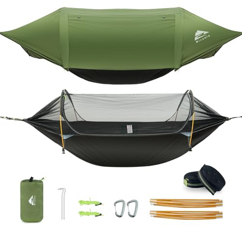 Rivenlo Camping Hammock Tent with Mosquito Net & RainFly, 3 in 1 Waterproof Lightweight Portable Sleeping Hammock Bug Backpacker Travel Outdoor Gear with Tree Strap Swing, for Hiking Patio Expedition