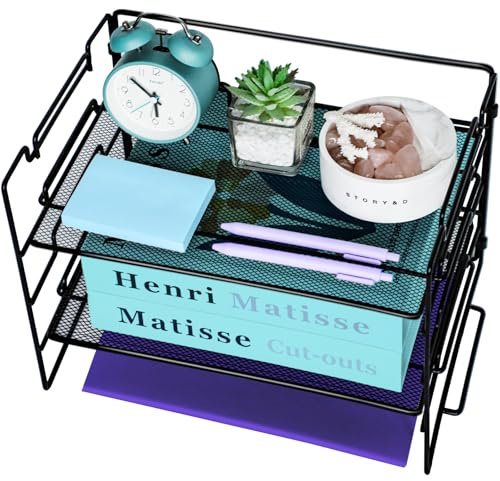 2 Tier Letter Tray Organiser for Desk Tidy, Metal Mesh Magazine File Desk Organiser, Mesh Office Files Desk Storage, Wire Mesh Paper Tray for Office School Home