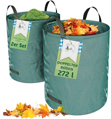 TTL Garden 2x 272L Gartensack - DOPPELTER BODEN extra stabil selbststehend 4 Griffe 150gsm groß robust & faltbar - 2er Set Garten Sack Laubsack Abfallsack für Gras Laub Hecke Gartenabfall