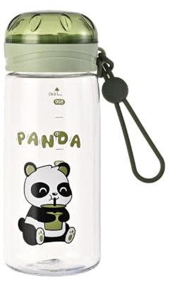 Vllcsla Kids Water Bottle 520ml School, Plastic Panda Drink Bottle BPA-free Leak-Proof, Panda Sports Water Bottles, Scale Markings, Carrying Handle, Snacks Compartment, Green