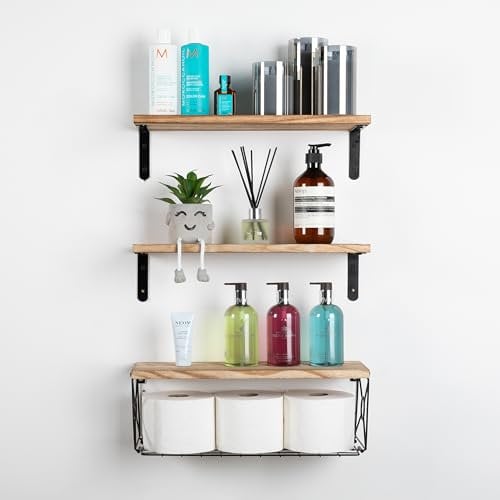 Home Treats Wall Mounted Wooden Shelves With Metal Basket, Home Storage Set of 3 Wooden Shelves For Bedroom, Bathroom, Living Room, office, Kitchen, Hallway (Set Of 3 Shelve's With Basket)