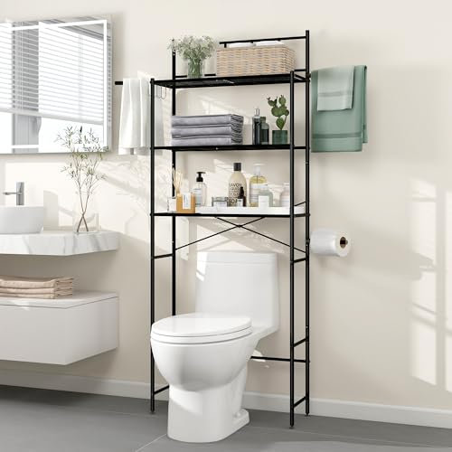 MallCreaty waschmaschinenschrank,Toilettenregal, 3-stufig Waschmaschinenregal, Handtuchhalter,platzsparend für das Badezimmer, über der Toilette, Metall,einfach zu montieren,65x166x24cm(schwarz)