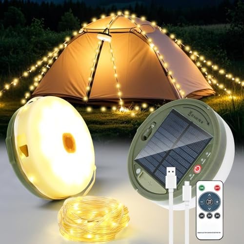 GEYUEYA Home Camping Lichterkette Aufrollbar Solar, 20m 3600mah Warmweiß Wasserdicht, Aufrollbare Lichterkette Camping Außen, IP65 Wasserdichte, Garten, Wandern