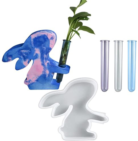 UptVin Silikonform Hase mit 3 Reagenzglas, Silikonform für Hydrokultur DIY Blumenvase Harzform Propagationsstation für Pflanzen
