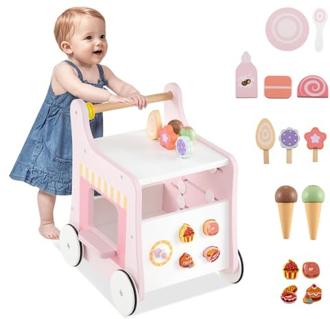 GYMAX Girello per Bambini in Legno 2-in-1, Carrello Primi Passidei Gelati con Accessori Interattivi e Ruote Antiscivolo, Cucina Giocattolo Montessori con Ruote, per Bambino 1 Anno + (Rosa-1)