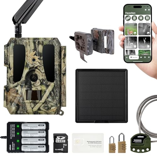 DÖRR Cloud Pro 4G 60° Solar-Set, Wildkamera, Simlockfrei, Akku, App | Inkl. 15000 mAh Solarpanel, wiederaufladbar 18650, iOS & Android & Web App kostenfrei, Bewegungsmelder, Tag- & Nachtaufnahmen