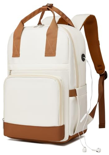Kono Sac à Dos Ordinateur Portable 15,6 Pouces Femme, Imperméable et Antivol avec Port USB de Charge, Grande Capacité Sac Scolaire PC Portable pour Travail, École et Voyage - Crème/Marron