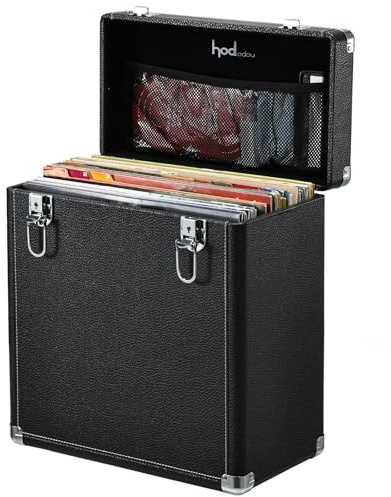 Hododou Record Storage Case Holds 30+ Single Records(12-inch) Vinyl Turntable Records Heavy-Duty Hardware Hinges Smart Metal Corners Portable with Lid Handle Mesh Pouch for Valuable Album Collection